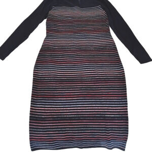 RACHEL Roy (XL) Striped Bodycon Midi Dress with Black Mesh Neckline & Arms